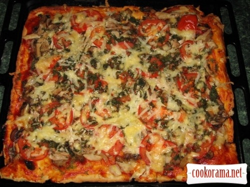 Pizza with mushrooms and chicken