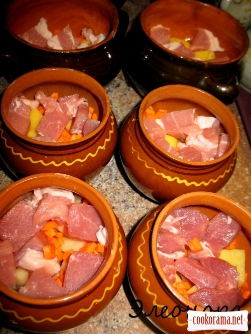 Pots with pork meat